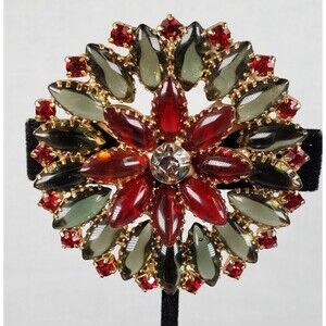 VTG Dogtooth Open Back Green Red Marquise Molded Art Glass Flower Brooch 2.5"